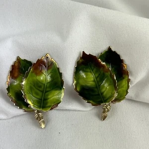 Doppelblatt Ohrclips grün Emaille goldfarben 1,5" Vintage - Bild 1 von 4