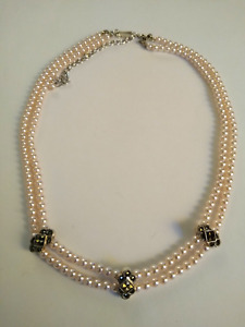 Vintage Double Strand Faux Pearl Necklace With Black Marcasite Accents