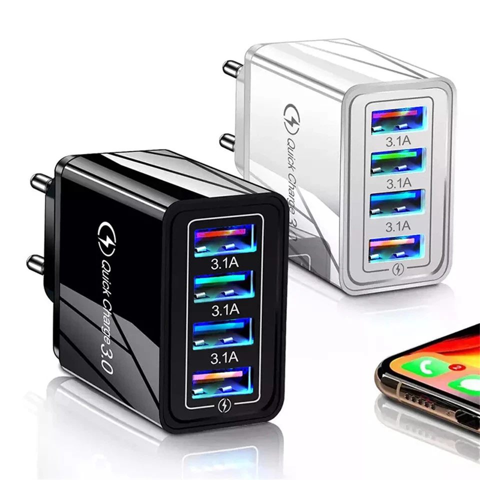 Cargador de pared USB de 4 puertos USB carga rápida QC 3.0 adaptador de corriente enchufe EE. UU./Reino Unido/UE - Imagen 1 de 4