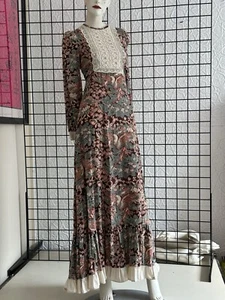 Vintage Black Label Gunne Sax-Indian Cotton Bird Print-1960s Bohemian Gown-Small - Picture 1 of 24