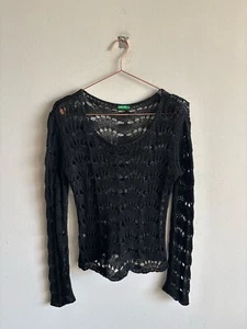 Suéter tejido ganchillo cuello redondo manga larga negro United Colors Of Benetton para mujer - Imagen 1 de 7