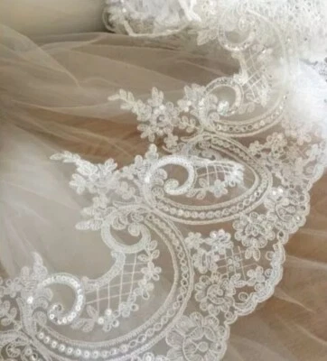 245 Mm Embroidered Sequin Lace Trim Edging Appliqué Wedding Veil Venise Ivory - image 1 of 4
