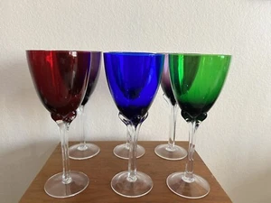 Murano Art Glass Hand Blown Clear Ribbed Stem Tall Fine Wine Glass Multi Color 6 - Picture 1 of 5