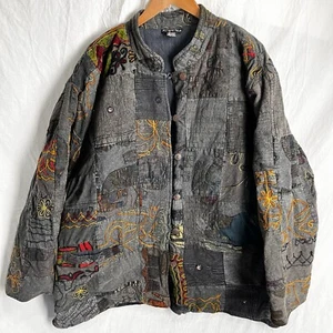 Vintage Lotus Free Size Patchwork Jacket Quilted Embroidered Appliqué Blue Coat - Picture 1 of 24