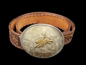 COWBOY WESTERN BULL RIDING JWM RODEO Tooled Buckle Belt Silver Plated 39" L - Picture 1 of 12