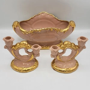 Art Deco Ceramic Console Centerpiece Pink with Goldleaf & Candlestick Holders - Picture 1 of 18