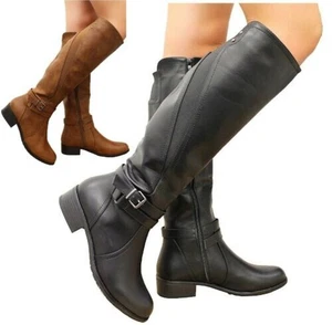 Damen Elastisch Kniehoch Reiten Flacher Absatz Schnalle Stretch Stiefel Sz 3-8 - Bild 1 von 14