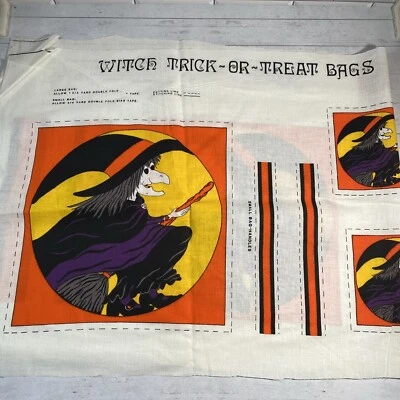 Vintage Fabric Panel Halloween Trick Or Treat Bag Cut And Sew Witch On Broom - Image 1 of 4