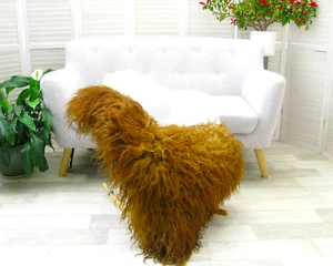 BROWN COPPER CURLY SHEEPSKIN RUG DYED REAL MONGOLIAN HIDE SKIN LARGE CHAIR GD10 - Picture 1 of 12