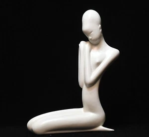 MCM  NUBIAN BLACK FEMALE FIGURAL WHITE IVORY CERAMIC SCULPTURE - Picture 1 of 5