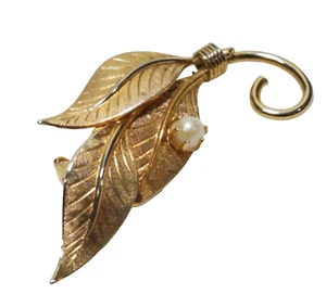Broche de perlas genuino hojas rellenas/enchapadas en oro ramo moderno vintage - Imagen 1 de 5