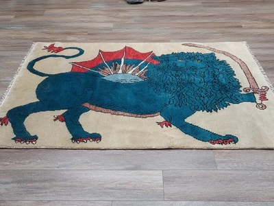 Alfombra turca Bohemia Oushak, alfombra de león turca Oushak hecha a mano (caza), 4x6 pies Foto 1 de 4