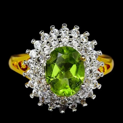 NATURAL AAA GREEN PERIDOT & WHITE CZ BRASS YELLOW GOLD PLATED RING 6.75-7.25 - Image 1 of 4