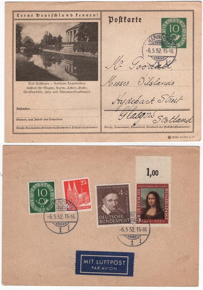 Germany 1952 10pf postal card uprated with adhesives incl Charity stamp, - Image 1 of 1
