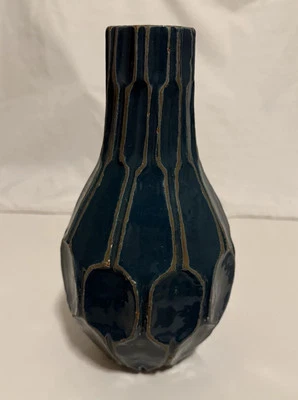 West Elm Turquoise Hexagon Tall Narrow Vase Pottery Style Heavy  - Image 1 of 3