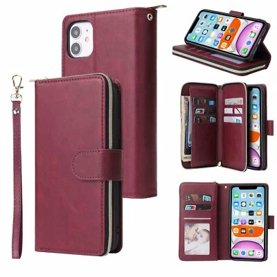 For iPhone 11 12 13 14 15 Pro Max Plus XR Zipper Flip Leather Wallet Case Cover - Image 1 of 4