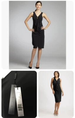 NWT $398+sz 8 ELIE TAHARI "AVELON" Black CREPE Ruched/Zipper Front DRESS - Image 1 of 4