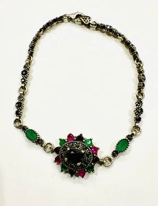 Vintage Sterling Silver Natural Onyx Ruby, Emerald, Marcasite Bracelet 7.5" - Picture 1 of 6