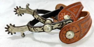 Ray Holes Grangeville IDAHO Saddlery Tooled Leather & Bumper Rowel  Silver Spurs - Picture 1 of 8