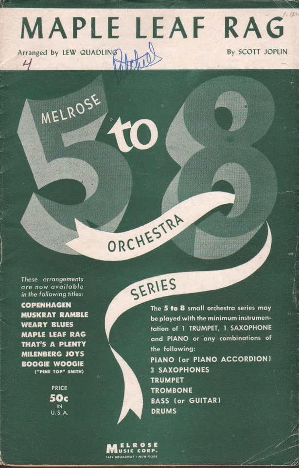 1945 MAPLE LEAF RAG оркестр ноты SCOTT JOPLIN рэгтайм 3 части - Изображение 1 из 1