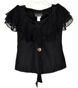Alex Evenings Black Ruffled 3 Layer Collar Rhinestone Clasp Party Blouse Size 4P - Picture 1 of 6