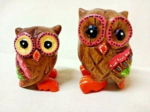 Vintage Wooden Pair Owl Bird Animal Carved Home Decor Painting Handmade Nature - Picture 1 of 10