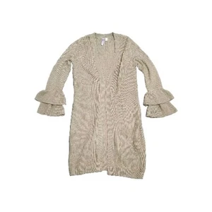 Maglione Ayla medio beige maniche a campana spolverino lungo all'uncinetto a strati - Foto 1 di 5