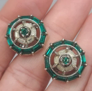 Vintage Bogoff Earrings Green Rhinestones Signed Screwback - Picture 1 of 9