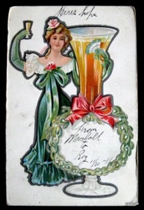 CARTOLINA DRINKING BIRRA STEIN TOAST 1911 ARTE IN RILIEVO - Foto 1 di 1