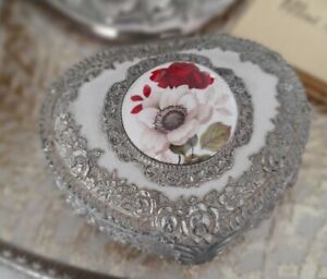 Vintage Trinket Box Silver Plate Foreign Made Enamel Floral Ornate Preloved