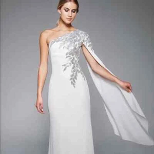 Nuevo Vestido de Crepé Tadashi Shoji Columba Un Hombro Lentejuelas Blanco Talla 8 - Imagen 1 de 11