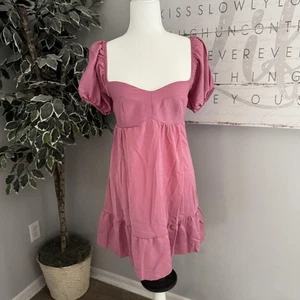 BELONGSCI Kleid Damen klein rosa Puffärmel Herzausschnitt Mini gesmokter Rücken 2121 - Bild 1 von 5