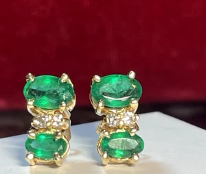 14K GOLD EMERALD & DIAMOND EARRINGS NATURAL GEMSTONE DUO NATURAL GREEN EMERALDS - Picture 1 of 18