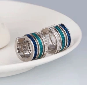 Teal Blue Enamel Zircon Huggie Hoops Earrings Silver Tone Retro Wide Hoops - Picture 1 of 3