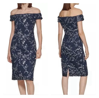 Navy Blue Silver Floral Lace Cocktail Party Dress Calvin Klein Sz 8 Off Shoulder - Image 1 of 4