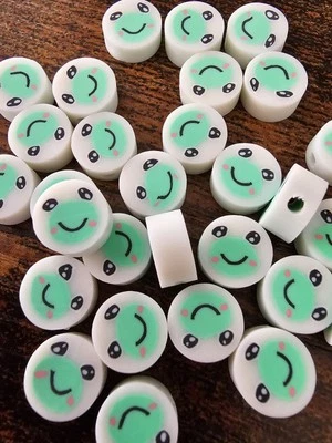 30 cute round white and green frog polymer clay beads for jewellery making.  - Image 1 of 2