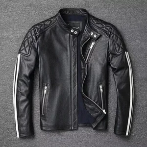 Men's Black Leather Quilted Jacket White Stripe Biker Genuine Lambskin coat - Picture 1 of 3