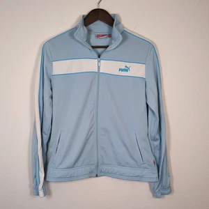 Puma Track Jacket Womens SZ L Blue White Pockets Full Zip Lightweight Mock Neck - Picture 1 of 5