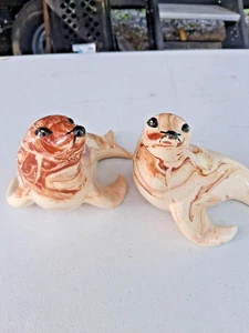 2 Vintage Nice Alaska Clay Marbled Glazed Pottery Seals 8 ins Long - Picture 1 of 6