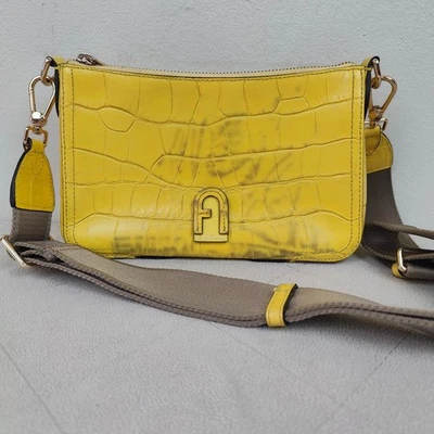 Furla Athena Crossbody Bag Yellow Crocodile Embossed Leather Designer Purse - Image 1 of 4