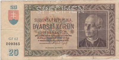 Slovakia 20 korun 1939 aF SPECIMEN - Image 1 of 2