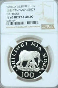 1986 TANZANIA SILVER 100 SHILINGI ELEPHANT NGC PF 69 ULTRA CAMEO SCARCE BEAUTY - Picture 1 of 4