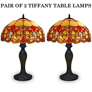 Pair of 2 Tiffany 16 inch Style Table Lamp Stained Glass Handcrafted Living room - Picture 1 of 16