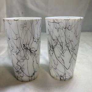 Vintage MCM Hazel Atlas Spaghetti String Black Drizzle Tumblers Glasses Set Of 2 - Picture 1 of 4