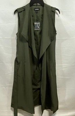 Chaleco de trinchera Express para mujer nuevo con etiquetas verde oliva sin mangas drapeado con cinturón talla M Foto 1 de 4
