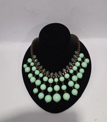 Vtg Statement Drop Necklace Green Acrylic & Clear Green Glass Beads Copper Chain - Image 1 of 4