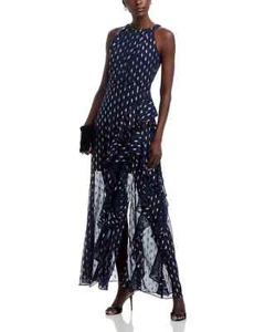 $228 AQUA Metallic Crescent Chiffon Ruffle Gown, Navy/Copper, SIZE-4 - Picture 1 of 5