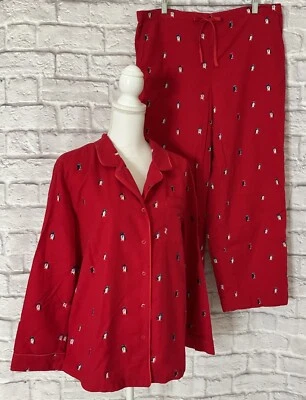 Talbots L 睡衣套装红色跳舞企鹅长袖纽扣前长裤 — 第 1/4 张图片