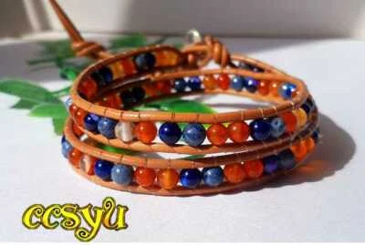 【Piedras preciosas】Pulsera envolvente de cuero 2 veces hecha a mano *amor gratis* Foto 1 de 4