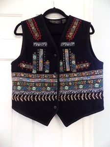 Vtg 80s Requirements Embroidered Appliqué Button Wool Boho Retro Vest Black Sz M - Picture 1 of 8